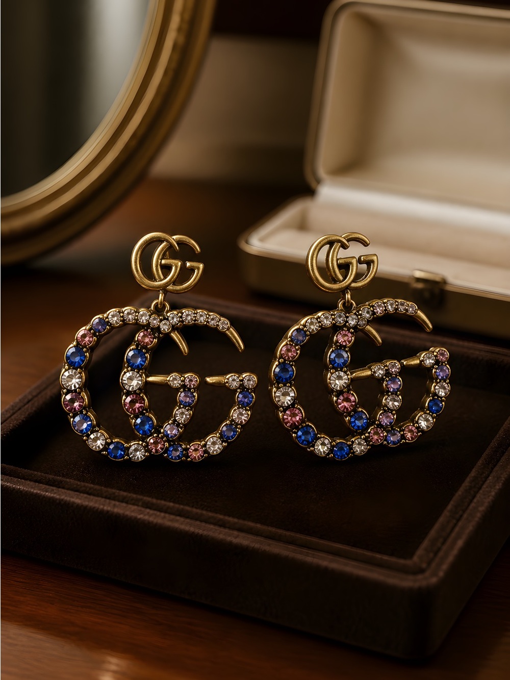 Gucci Gold Double-G Crystal Drop Earrings in Blue, Pink & Clear- NEW!